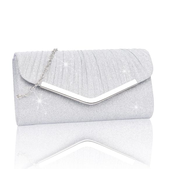 Evening Handbags, Silver Glitter Pleated Evening Purses W/Chain, >:( - Picture 1 of 7